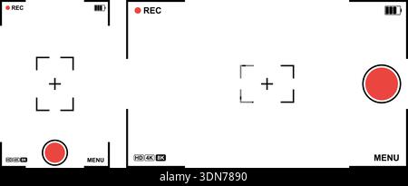 Minimal camera recording interface overlay featuring viewfinder frames, REC indicators, battery icons, and format labels suitable for video editing, streaming, and digital media design. camera viewfinder overlay. Digital recording interface. Video screen HUD. Camera UI template. Minimal viewfinder design. Stock Vector