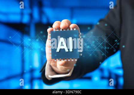 Computer chip with AI technology. Innovative technologies. Digital future concept showing smart computing. High tech progress drives automation, data Stock Photo