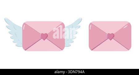 Two pink envelopes with heart seals, one with light blue wings and one without, on pastel background Stock Vector