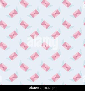 Seamless Valentine s pattern with pink winged envelopes sealed with hearts, arranged diagonally on pastel blue background Stock Vector