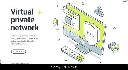 Web banner for virtual private network service. Isometric vector illustration of a computer with VPN shield. Modern template for a landing page about Stock Vector