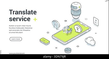 Translate service web banner. Isometric template for a landing page on language translation. Vector illustration with smartphone and robot assistant f Stock Vector