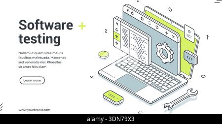 Software testing web banner. Isometric vector illustration of a laptop with code. Modern template for a landing page about quality assurance, app deve Stock Vector