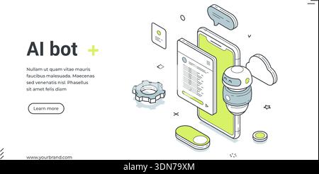 Web banner for AI bot and chatbot service. Isometric vector illustration of a robot assistant. Modern template for a landing page with a smartphone, c Stock Vector
