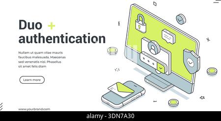 Duo authentication web banner. Isometric template for landing page on two-factor security. Vector illustration with computer, smartphone, password log Stock Vector