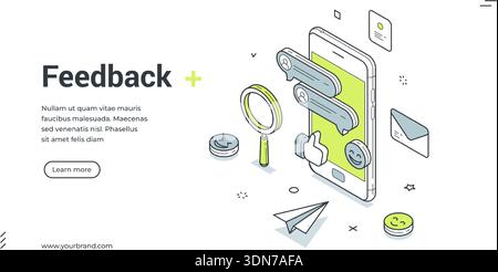 Web banner for customer feedback. Isometric vector illustration of online service. Modern template for a landing page with a smartphone, chat bubbles, Stock Vector
