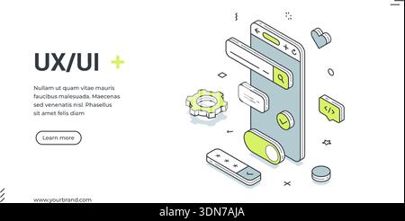 UX UI design web banner. Isometric template for a landing page on user experience. Vector illustration with a smartphone and interface elements for ap Stock Vector