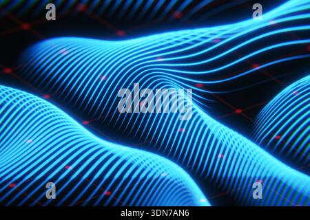 Futuristic data flow visualization with luminous blue waves on a dark background. Ideal for themes of global networking, cloud computing, cybersecurit Stock Photo