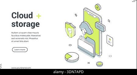 Cloud storage web banner. Isometric template with smartphone for secure data backup. Vector illustration for landing page about online file hosting an Stock Vector