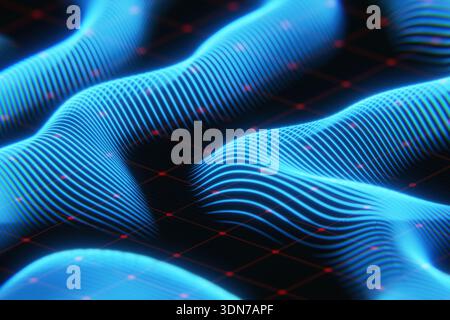 glowing blue curves flowing over a dark grid. A sleek, professional background for corporate presentations, tech blogs, and innovative software develo Stock Photo