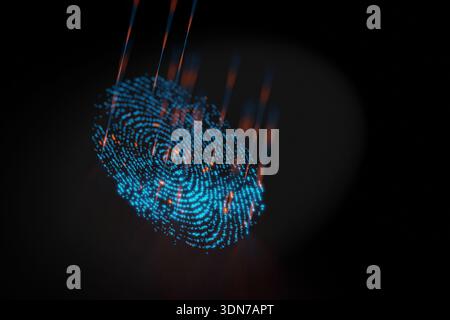 Innovative digital interface showing a biometric fingerprint scan. The glowing blue pattern and scanning light rays symbolize artificial intelligence, Stock Photo