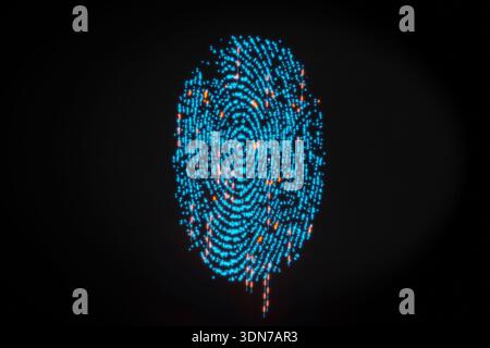 Abstract digital fingerprint scan with light trails. This high-quality 3D render represents modern biometric access, information security, and the fut Stock Photo
