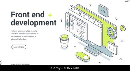 Front end development web banner. Isometric template for a landing page on programming. Vector illustration with a computer, code, and coffee for webs Stock Vector