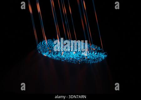detailed macro view of a particle-based fingerprint being scanned by laser beams. This abstract concept illustrates forensic science, digital footprin Stock Photo