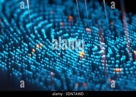 High-tech macro view of a glowing blue particle fingerprint. Vertical light beams scan the surface. deep learning, cybersecurity, digital forensic ana Stock Photo