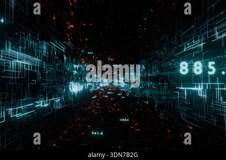 futuristic digital tunnel with glowing blue circuit lines and flying numbers. High-speed data transfer concept, cyber world, and big data visualizatio Stock Photo