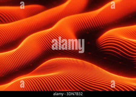 Abstract glowing red wavy lines on a dark background. Futuristic topographic landscape with neon light effect, digital flow, and tech data visualizati Stock Photo