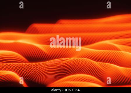 Abstract 3D rendering of glowing orange topographic waves. Futuristic digital data flow and neon grid on dark background. Concept of artificial intell Stock Photo