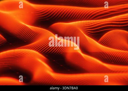 Futuristic 3D terrain with luminous orange contours. Abstract digital landscape of a virtual world. Sci-fi neon surface with waving lines, perfect for Stock Photo