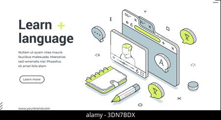 Learn language web banner. Isometric template for a landing page on online education. Vector illustration with a video lesson for e-learning and dista Stock Vector