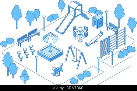 Isometric playground kids. Children outdoor activity elements, urban park equipment for play and workout. Smart spatial organization, urban Stock Vector