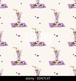 Purple Blackcurrant Drink with Ice Cubes Seamless Pattern. Seasonal Berries Cocktails, Mint and Ice Cubes in glass with straw on White Background. Vec Stock Vector