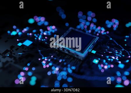 Macro shot of a futuristic CPU glowing in the dark. Advanced hardware engineering and cloud computing concept. Professional 3D render with shallow dep Stock Photo