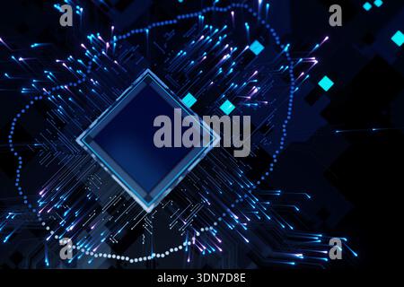 Abstract digital background of a powerful processor unit. Visualization of data transfer and neural networks with neon lights. Perfect for concepts of Stock Photo