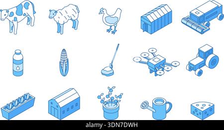 Isometric farm line icons. Variety of agricultural machinery for watering, plowing and harvesting. Farm animals and bird, plants, equipment, nifty Stock Vector