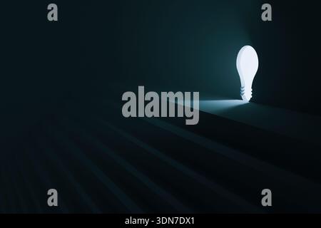 luminous light bulb icon serves as a beacon at the top of a set of stairs, illustrating the journey toward an epiphany, education, or a final project Stock Photo