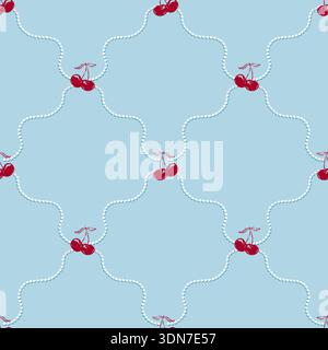 Red cherries pattern on light blue background with decorative white lines and shapes Stock Vector
