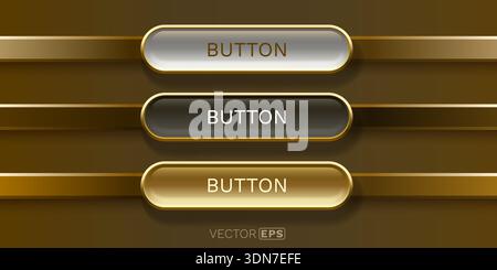 A set of three elegant web buttons with golden frames and varied glossy finishes. Ideal for modern UI design. Vector illustration Stock Vector