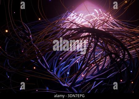 mesmerizing web of light and shadow. Swirling neon lines and bokeh dots create a sense of deep energy, perfect for science fiction and advanced physic Stock Photo
