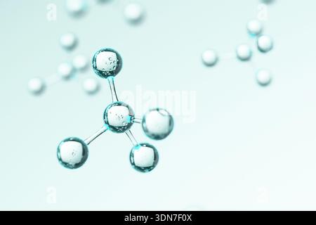 3D render of blue transparent molecules on a light background. Scientific illustration of atoms connected in a tetrahedral structure, representing che Stock Photo