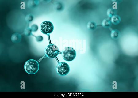 Cinematic 3D render of teal glass molecules with realistic water bubbles inside. Abstract scientific background with bokeh depth of field, representin Stock Photo
