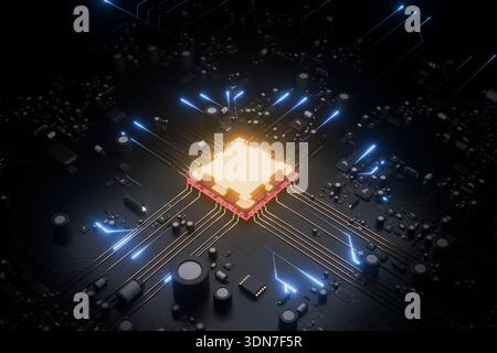 Futuristic 3D render of a glowing gold CPU processor on a black motherboard. Bright orange light radiates from central chip with blue neon data trails Stock Photo