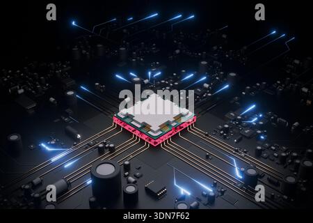 3D illustration of a silver microprocessor on a dark motherboard. Red ambient glow and blue light streaks emphasize data transfer, hardware engineerin Stock Photo