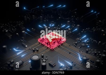 3D render of a futuristic AI processor glowing on a dark circuit board. Gold AI lettering sits on a red translucent chip with blue data light trails, Stock Photo