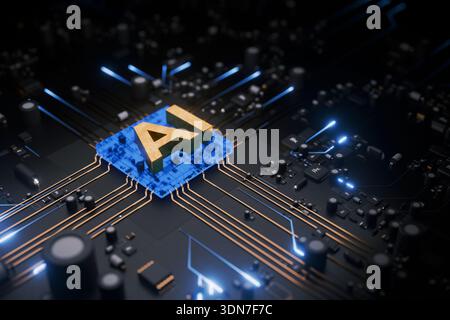 High-tech 3D render of a golden AI symbol on a blue processor. Glowing blue light trails and circuit board traces represent data flow and machine lear Stock Photo