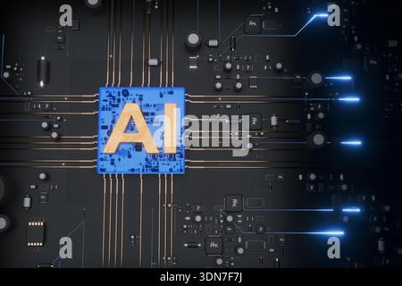 Glowing AI processor on digital circuit board, showcasing next-gen artificial intelligence and modern computing power, top view. Tech, concept Stock Photo