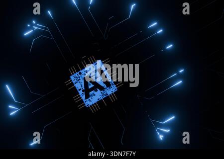 Top view of a blue AI processor on a dark background. Neon light trails radiate from the chip, symbolizing high-speed data processing and neural netwo Stock Photo