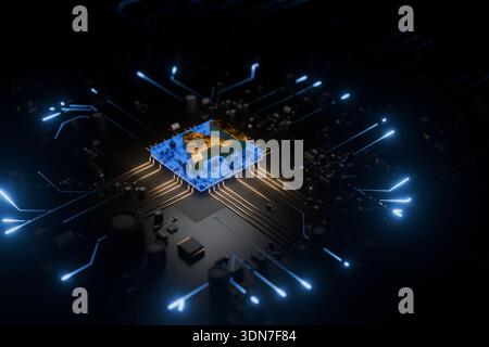 Futuristic electronic circuit board with a central AI core. Golden letters on a blue chip illustrate advanced digital transformation and neural networ Stock Photo