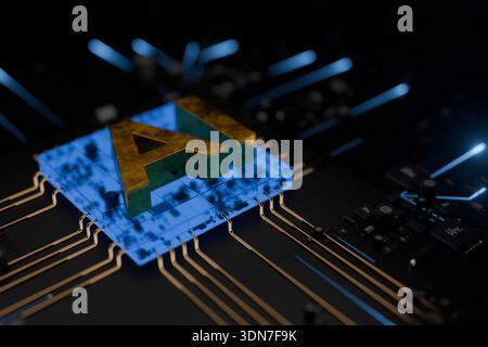 Dark aesthetic background featuring a central AI processor. Glowing pathways symbolize high-speed data transfer and smart technology integration in mo Stock Photo