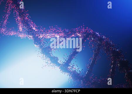 High-tech 3D render of a DNA double helix molecule with red particles. Concept for genetic engineering, biotechnology, and medical research on a blue Stock Photo