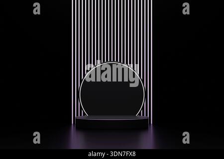 Elegant 3D render of a black podium with a glowing neon ring against vertical light stripes. Futuristic dark minimalist background for luxury tech, fa Stock Photo