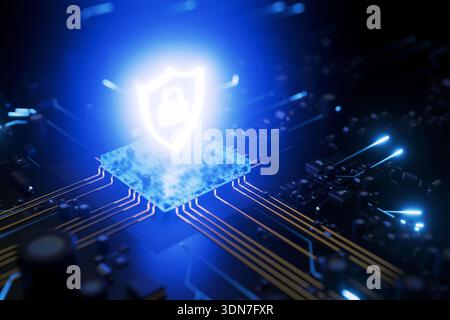 Digital defense concept featuring a neon padlock and shield icon integrated into a glowing microchip. Visualizes hardware encryption, secure data proc Stock Photo