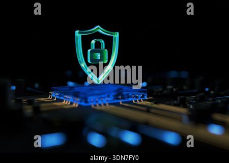 Advanced 3D illustration of a secure CPU on a motherboard. Glowing blue circuits and a digital shield represent high-end cybersecurity, artificial int Stock Photo