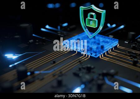 Advanced cyber security technology illustration. A glowing holographic shield sits atop an integrated circuit board, representing robust firewall prot Stock Photo