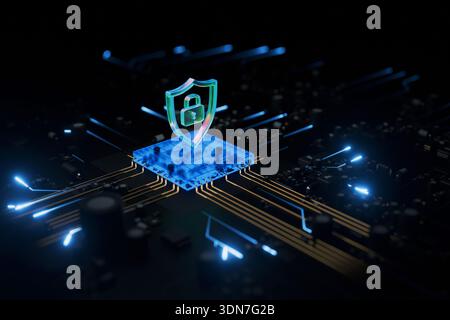 Abstract representation of hardware-level security. Glowing light trails connect to a central processor protected by a digital padlock icon, symbolizi Stock Photo