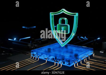 High-tech digital security background showing a neon shield over a CPU. Ideal for themes of cloud computing safety, network privacy, personal data pro Stock Photo